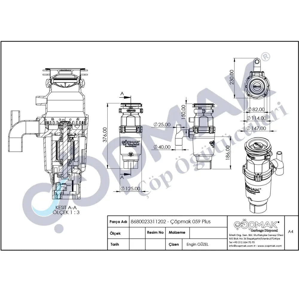 2hp Pnomatik Düğmeli teknik çizimi, atık giderim ünitesi için detaylar