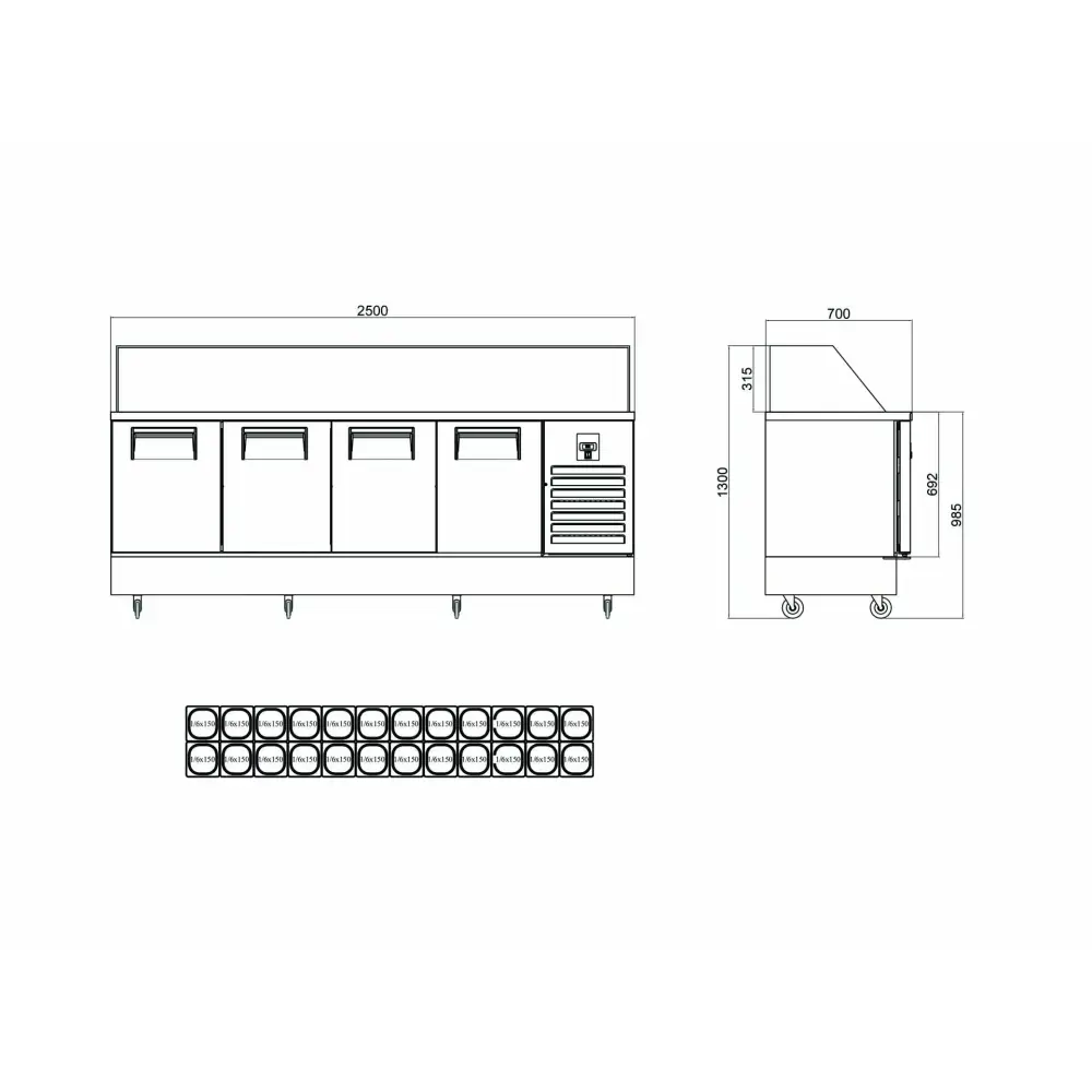 Krep & Sandviç Buzdolabı - 4 Kapılı - 250x70x133 Cm