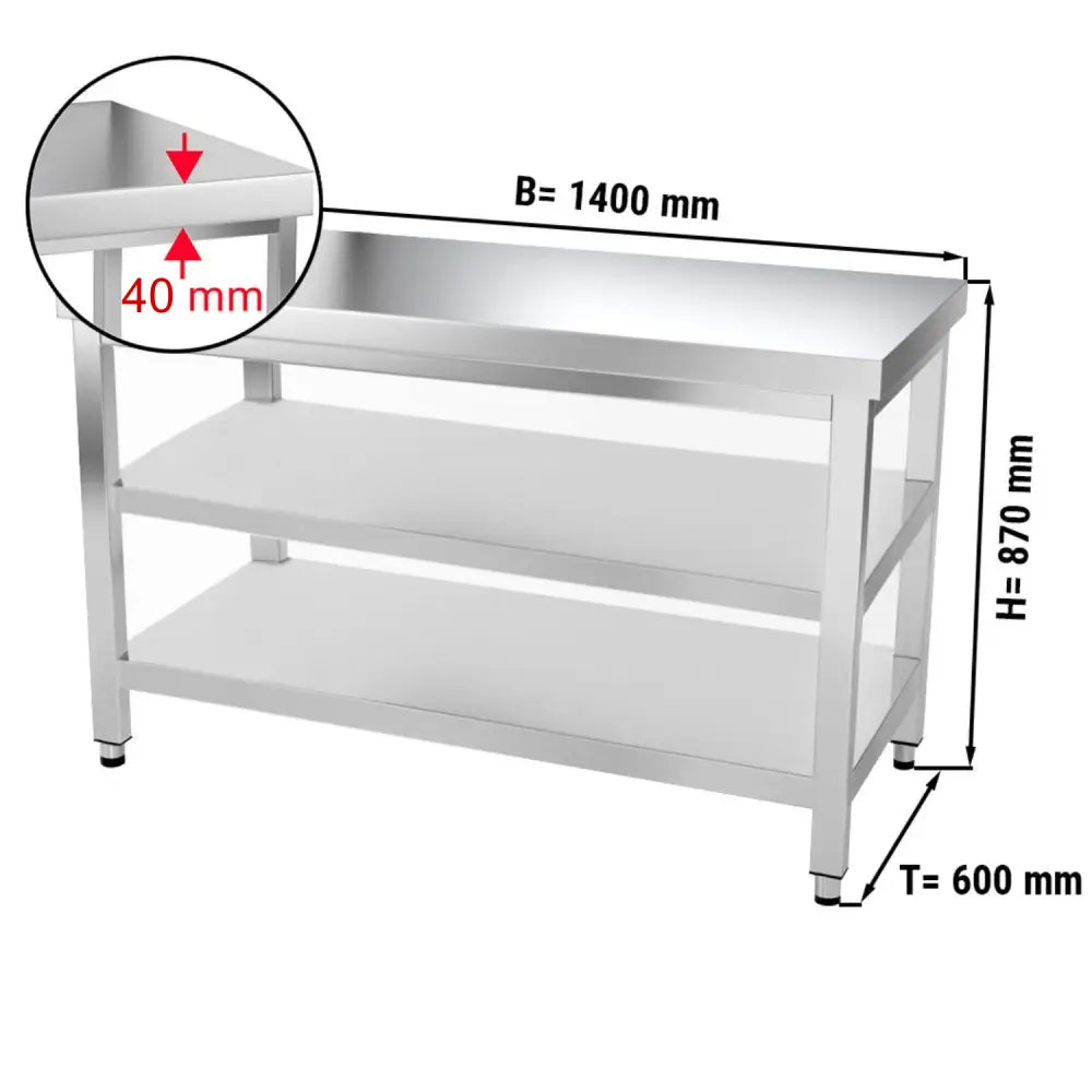 Paslanmaz Çelik Çalışma Tezgahı PREMIUM - 1400x600mm - Alt ve Ara Raflı