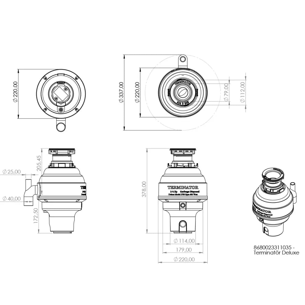 Terminator Deluxe Cihazın İçine Atılmaması Çürümeye Karşı Sınırsız teknik çizimi