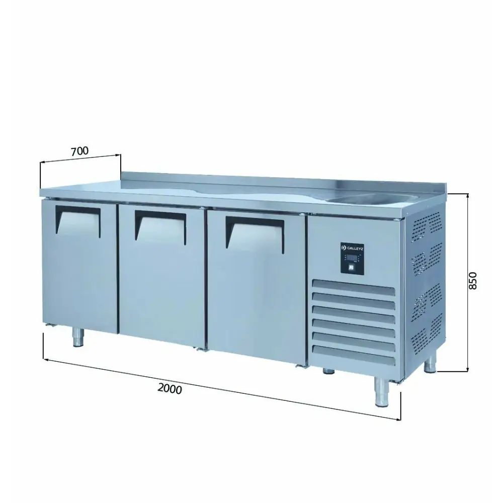 Tezgah Tip Buzdolabı - 3 Kapılı - Sağ Evye & Motor - 200x70x85 Cm