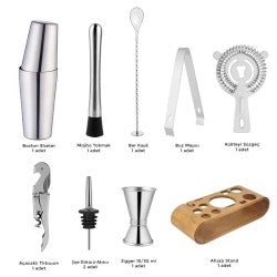Zicco JKK 03 Ahşap Standlı 10 Parça Boston Shaker Bar Kokteyl Seti, 750 ml