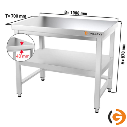 Çalışma Tezgahı - Paslanmaz Çelik - PREMIUM - 1000x700mm - Alt Raflı, Destekli & Sırtlı