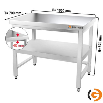 Çalışma Tezgahı - Paslanmaz Çelik - PREMIUM - 1000x700mm - Alt Raflı, Destekli & Sırtlı