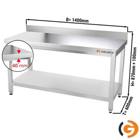 Stainless Steel Work Bench - PREMIUM - 1400x600mm - With backed lower shelf