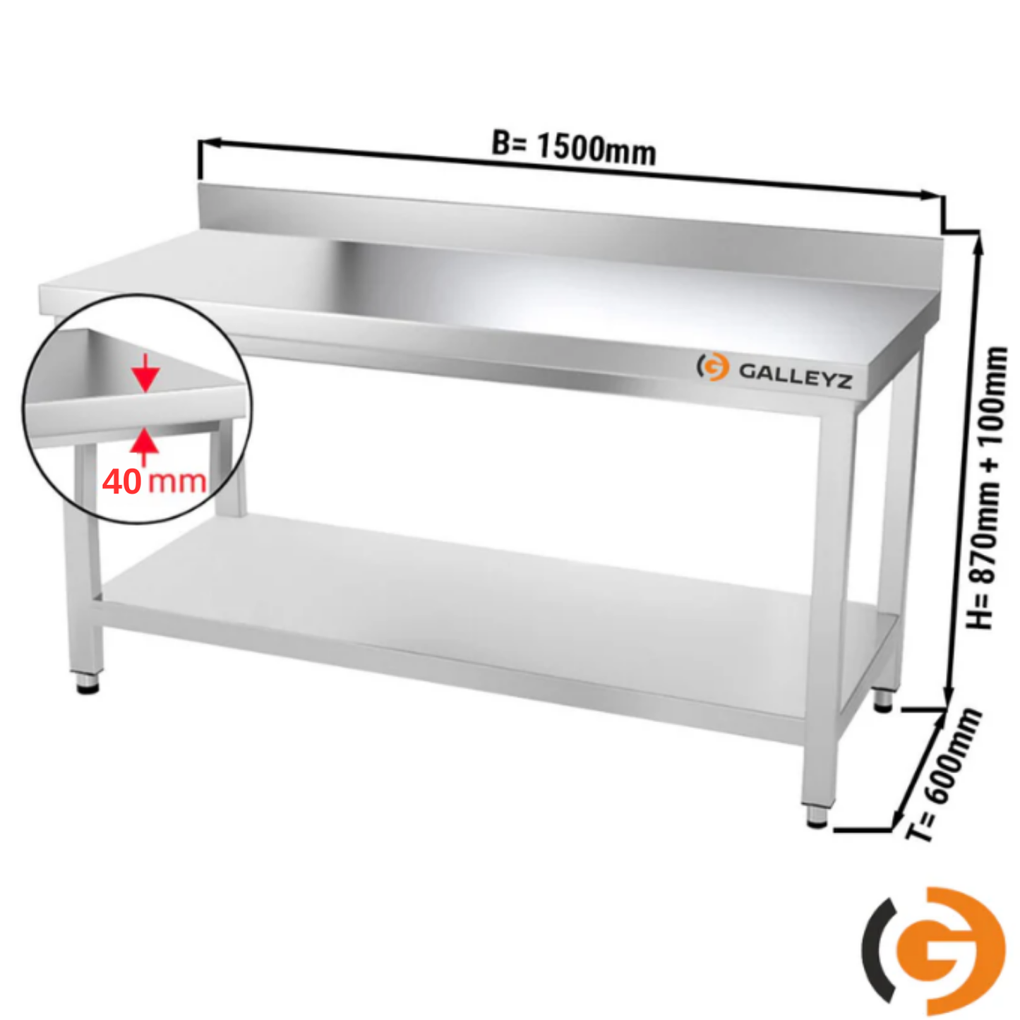 Stainless Steel Work Bench - PREMIUM - 1500x600mm - With backed lower shelf