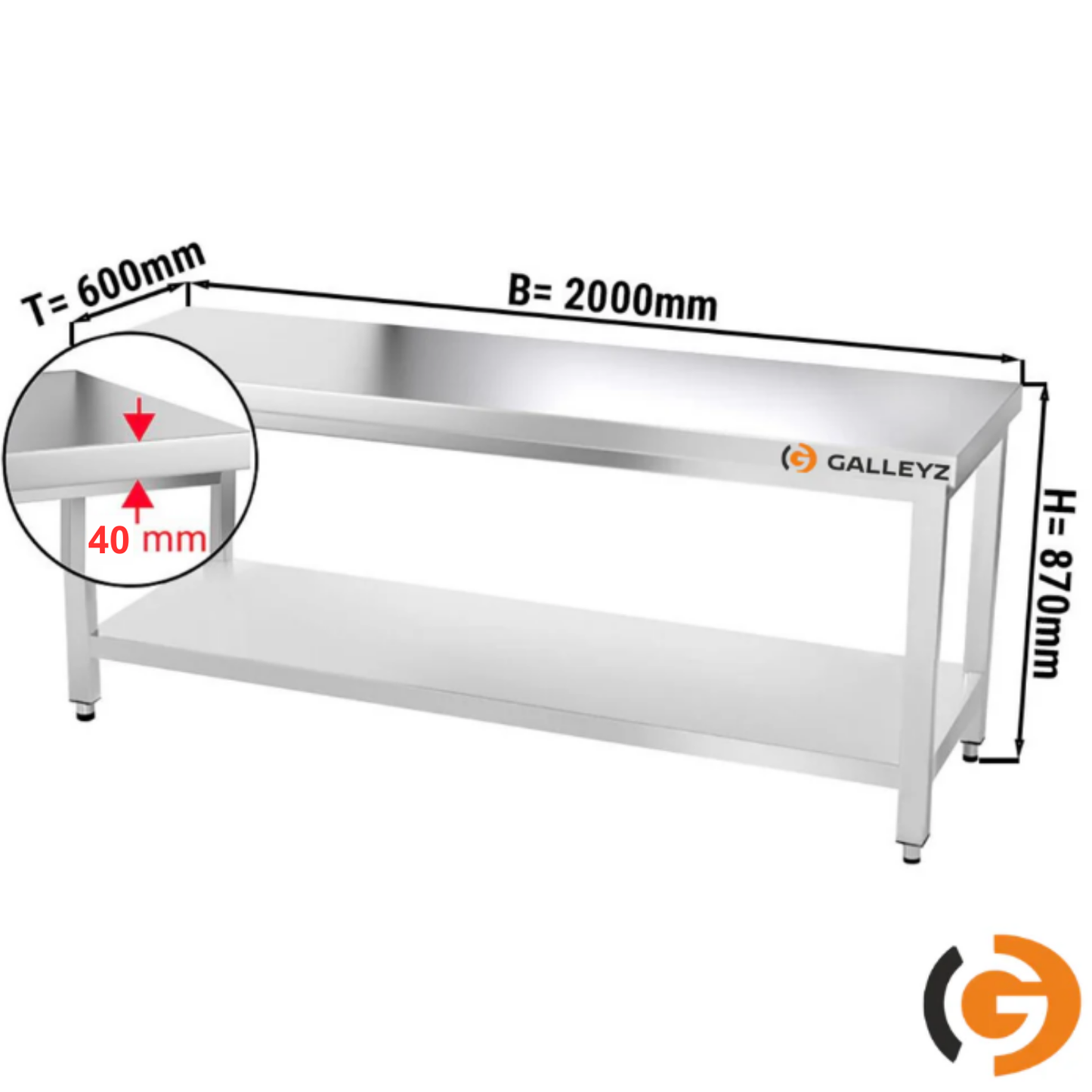 Stainless Steel Work Bench - PREMIUM - 2000x600mm - Backless with lower shelf