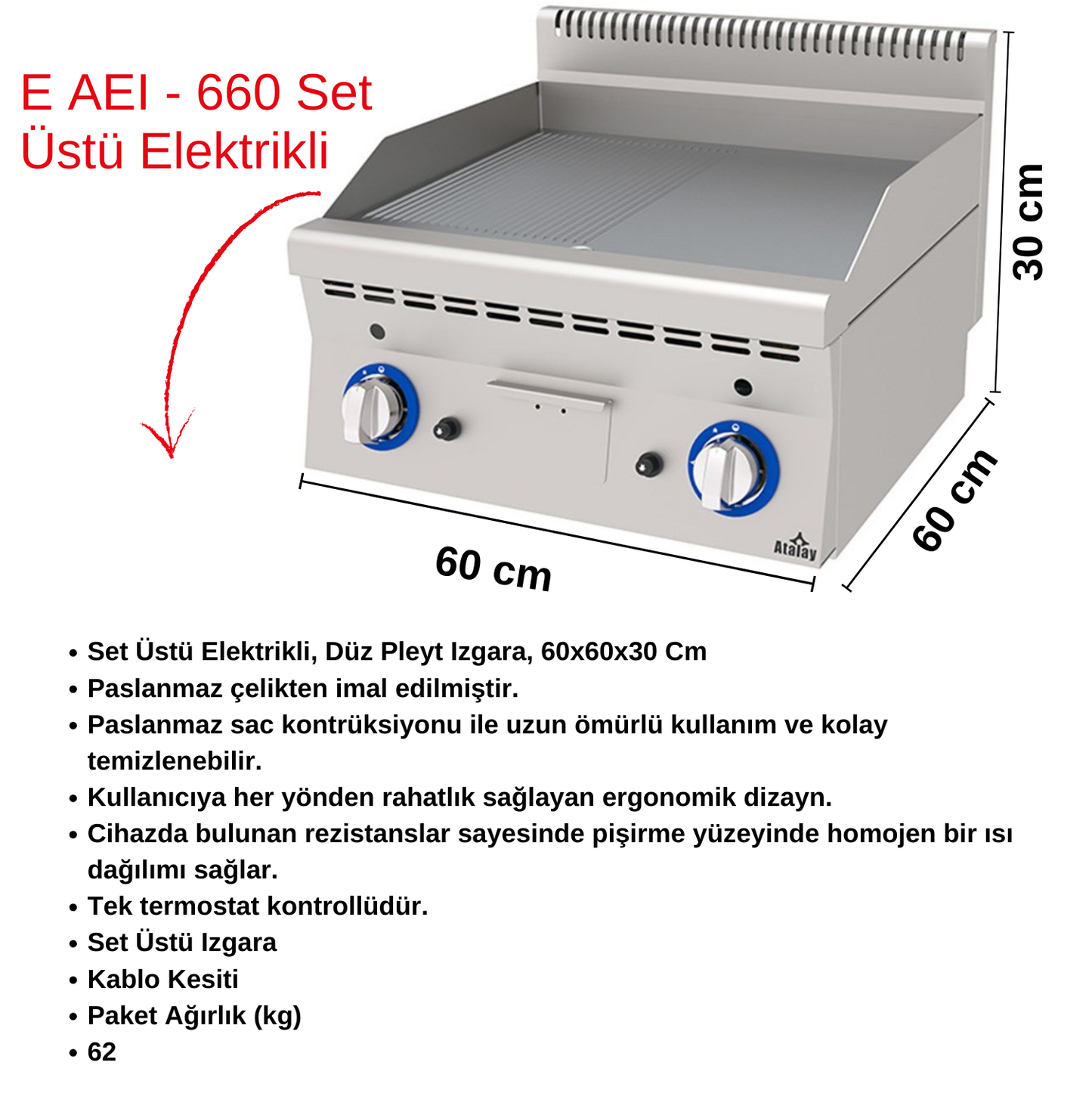 Atalay E AEI - 660 Countertop Electric, Flat Plate Grill