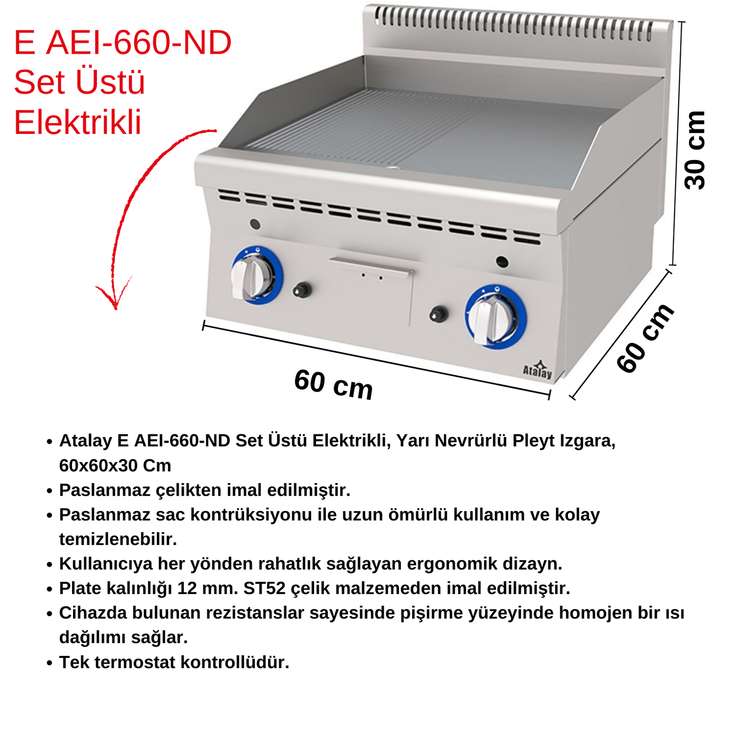 Atalay E AEI-660-ND Countertop Electric, Semi-Ribbed Plate Grill