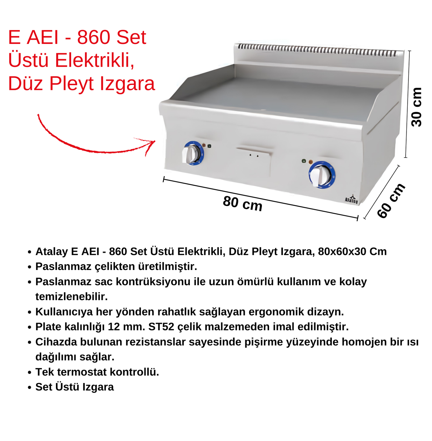 Atalay E AEI - 860 Countertop Electric, Flat Plate Grill