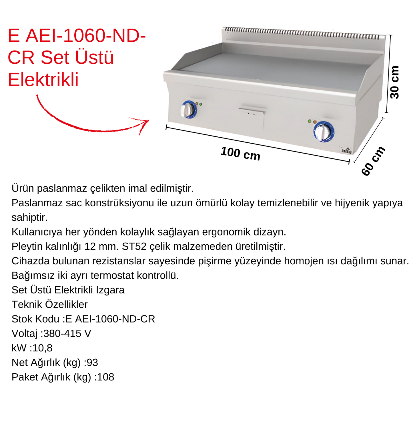 Atalay E AEI-1060-ND-CR Countertop Electric