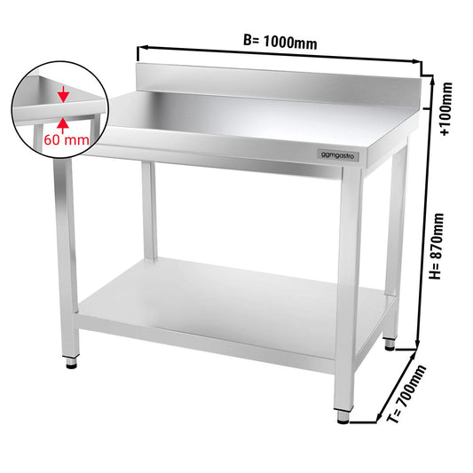 Çalışma Tezgahı - Paslanmaz Çelik PREMIUM - 1000x700mm - Alt Raflı ve Sırtlı