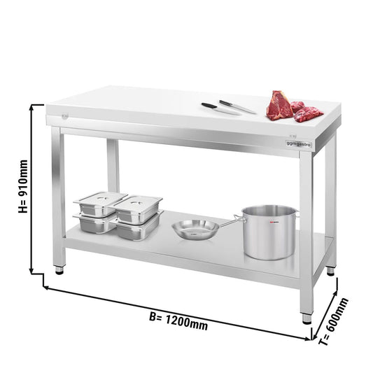 Paslanmaz Çelik Çalışma Tezgahı PREMIUM- 1200x600mm  - Alt Raflı, Sırtsız, Kesme Plakası dahil