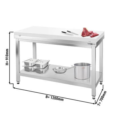 Paslanmaz Çelik Çalışma Tezgahı PREMIUM - 1200x700mm - Kesme plakası dahil, sırtsız alt raflı