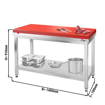 Paslanmaz Çelik Çalışma Tezgahı PREMIUM- 1400x700mm  - Alt Raflı,  Sırtsız, Kesme Plakası dahil