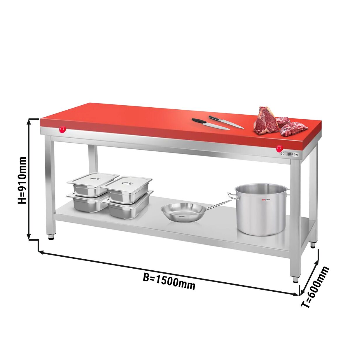 Paslanmaz Çelik Çalışma Tezgahı PREMIUM- 1500x600mm  - Alt Raflı,  Sırtsız, Kesme Plakası dahil