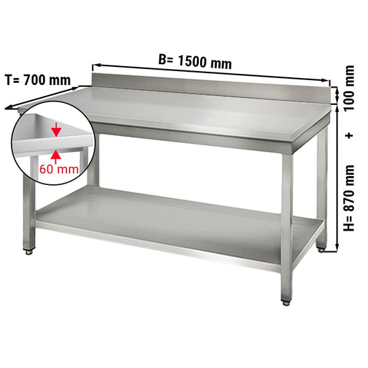 Paslanmaz Çelik Çalışma Tezgahı - ECO -1500x700mm - sırtsız alt raflı