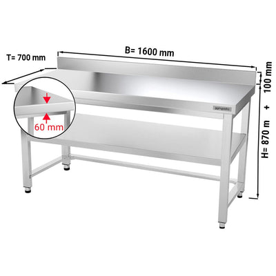 Çalışma Tezgahı - Paslanmaz Çelik - PREMIUM - 1600x700mm - Alt Raflı, Destekli & Sırtlı