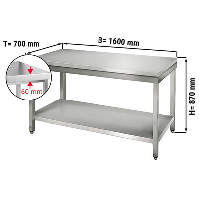 Çalışma tezgahı-  Paslanmaz Çelik- ECO - 1600x700mm - alt raflı, sırtsız