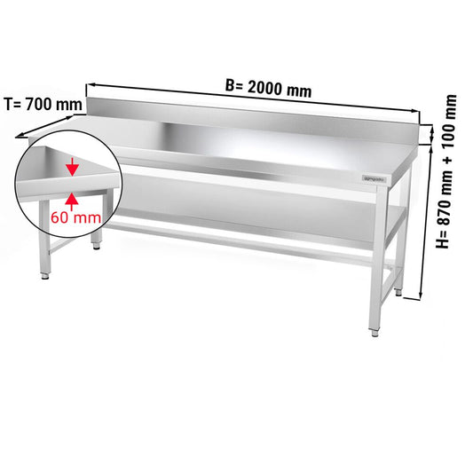 Çalışma Tezgahı - Paslanmaz Çelik - PREMIUM - 2000x700mm - Alt Raflı, Destekli & Sırtlı