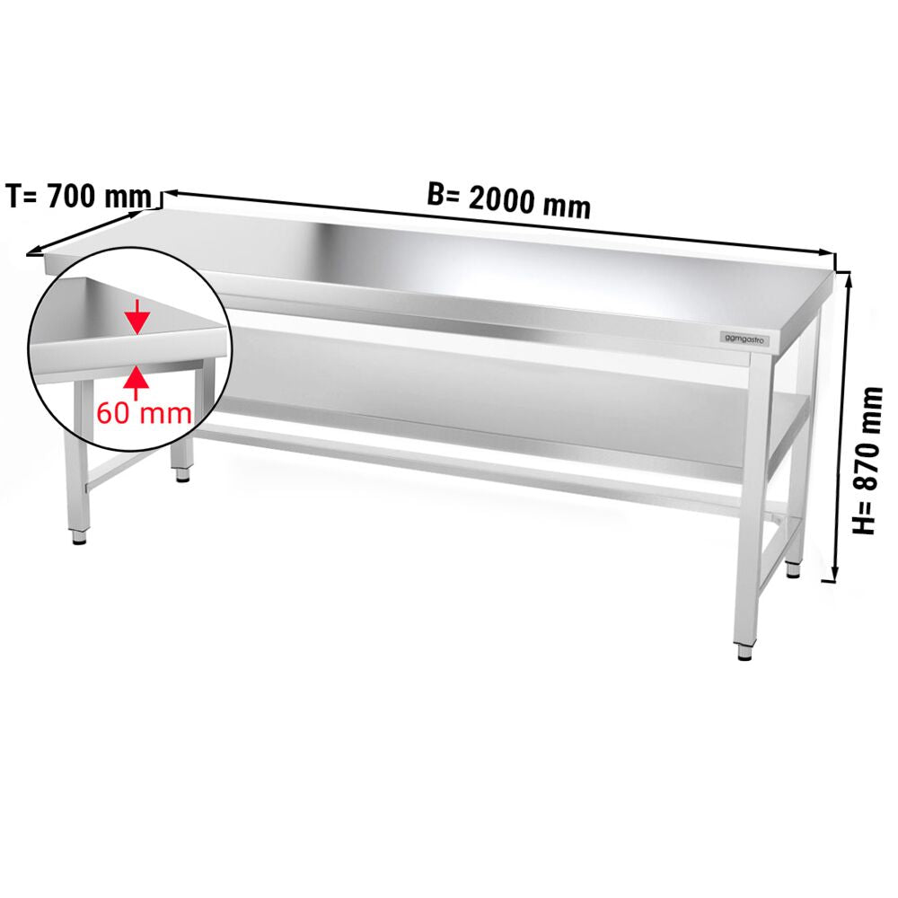 Çalışma Tezgahı - Paslanmaz Çelik - PREMIUM - 2000x700mm - Alt Raflı, Destekli & Sırtlı