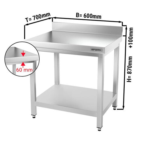 Çalışma Tezgahı - Paslanmaz Çelik PREMIUM - 600x700mm - Alt Raflı ve Sırtlı