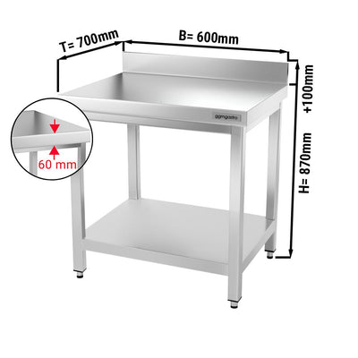 Çalışma Tezgahı - Paslanmaz Çelik PREMIUM - 600x700mm - Alt Raflı ve Sırtlı