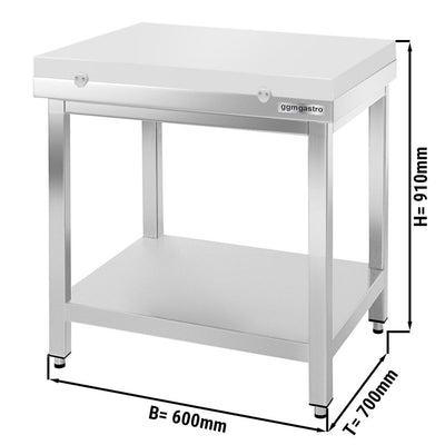 Paslanmaz Çelik Çalışma Tezgahı PREMIUM - 600x700mm - Kesme plakası dahil, sırtsız alt raflı