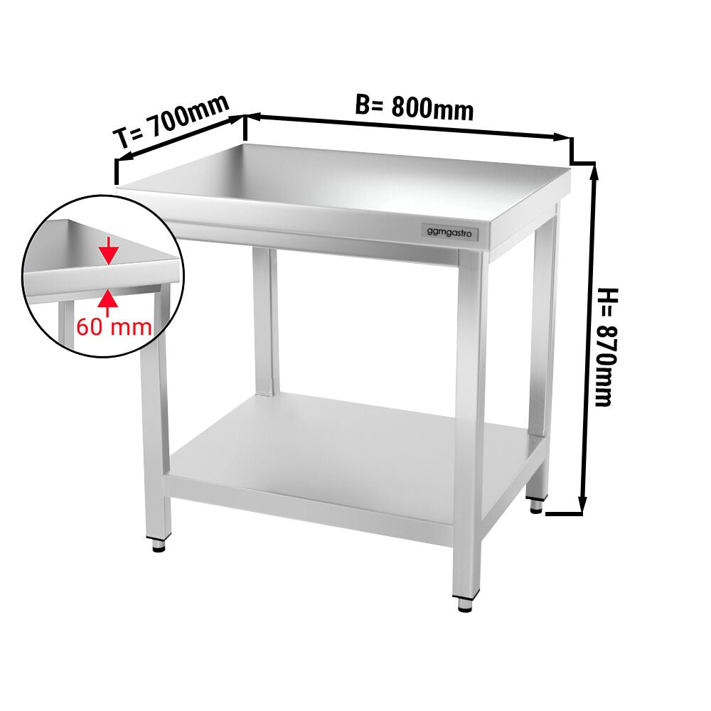 Çalışma Tezgahı - Paslanmaz Çelik PREMIUM - 800x700mm - Alt Raflı, Sırtsız