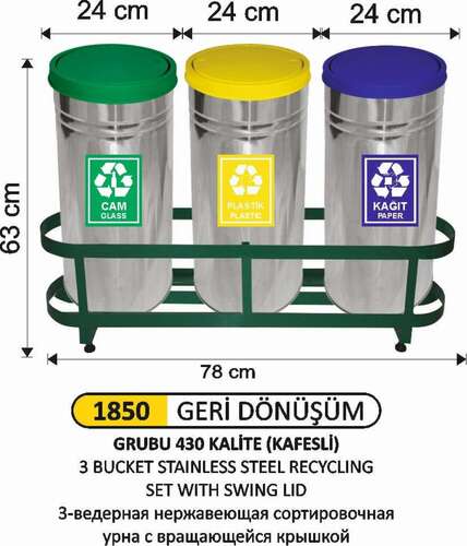 Arı Metal 1850 Geri Dönüşüm Çöp Kovası 3 Lü Paslanmaz Döner Kapaklı