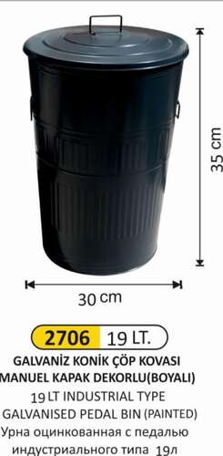 Arı Metal 2706 Galvaniz Çöp Kovası Boyalı Konik Manuel Kapaklı 19 Litre