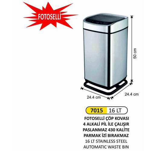 Arı Metal 7015 Fotoselli Çöp Kovası 16 Litre Paslanmaz