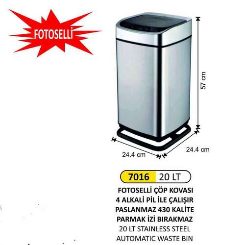 Arı Metal 7016 Fotoselli Çöp Kovası 20 Litre Paslanmaz