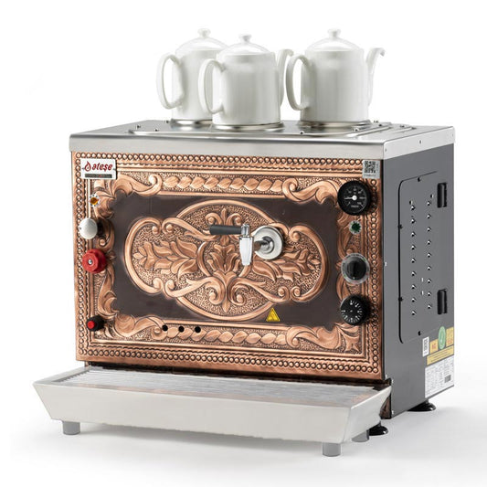 Ateşe Sümela Analog 3 Demlikli Çay Kazanı, Gaz+Elektrikli, Bakır