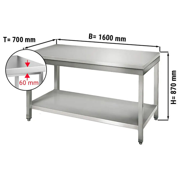 Galleyz Çalışma tezgahı- Paslanmaz Çelik- ECO - 1600x700mm - alt raflı, sırtsız