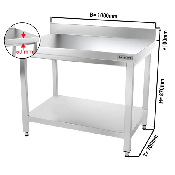 Galleyz Çalışma Tezgahı - Paslanmaz Çelik PREMIUM - 1000x700mm - Alt Raflı ve Sırtlı