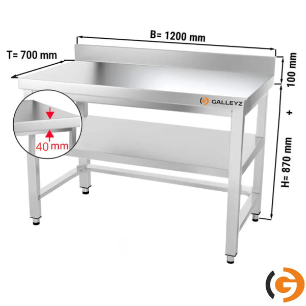 Galleyz Çalışma Tezgahı - Paslanmaz Çelik - PREMIUM - 1200x700mm - Alt Raflı, Destekli & Sırtlı