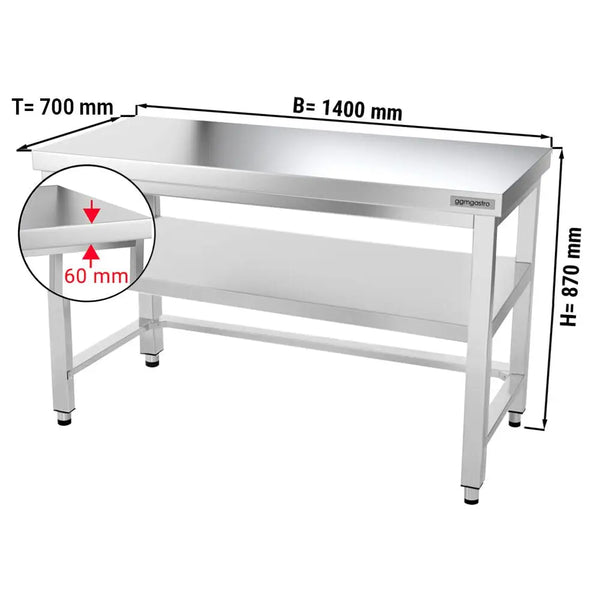 Galleyz Çalışma Tezgahı - Paslanmaz Çelik - PREMIUM - 1400x700mm - Alt Raflı, Destekli