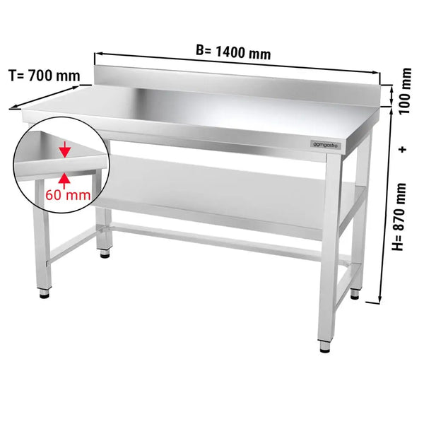 Galleyz Çalışma Tezgahı - Paslanmaz Çelik - PREMIUM - 1400x700mm - Alt Raflı, Destekli & Sırtlı