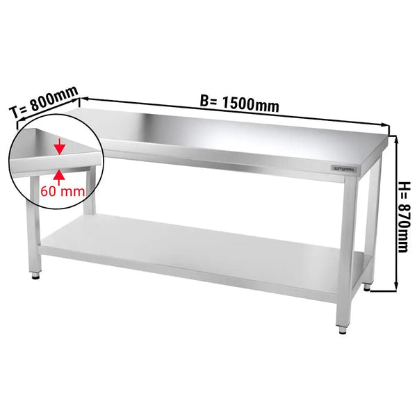 Galleyz Çalışma Tezgahı - Paslanmaz Çelik - PREMIUM - 1500x800mm - Alt Raflı