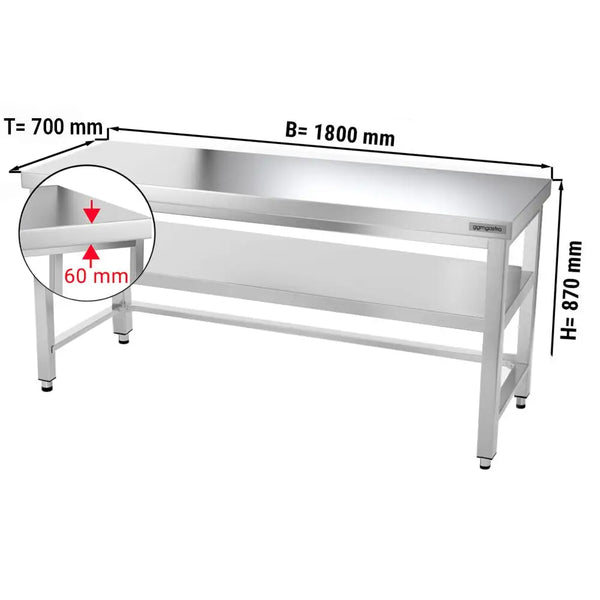 Galleyz Çalışma Tezgahı - Paslanmaz Çelik - PREMIUM - 1800x700mm - Alt Raflı, Destekli & Sırtlı