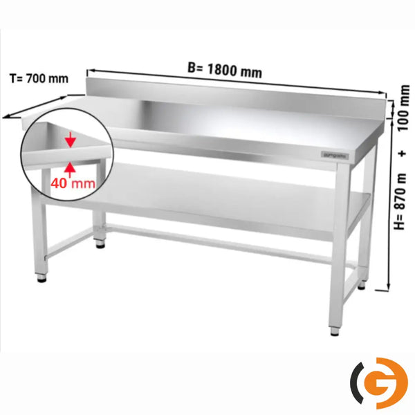 Galleyz Çalışma Tezgahı - Paslanmaz Çelik - PREMIUM - 1800x700mm - Alt Raflı, Destekli & Sırtlı