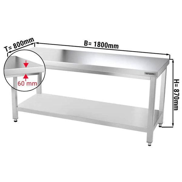Galleyz Çalışma Tezgahı - Paslanmaz Çelik - PREMIUM - 1800x800mm - Alt Raflı
