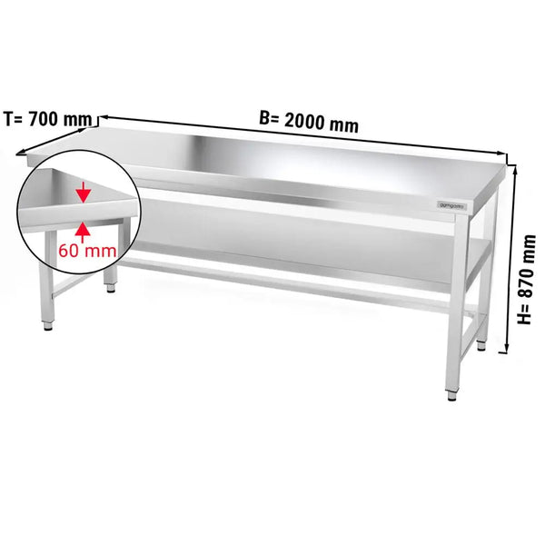 Galleyz Çalışma Tezgahı - Paslanmaz Çelik - PREMIUM - 2000x700mm - Alt Raflı, Destekli & Sırtlı