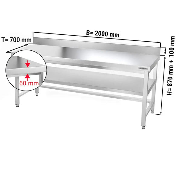 Galleyz Çalışma Tezgahı - Paslanmaz Çelik - PREMIUM - 2000x700mm - Alt Raflı, Destekli & Sırtlı