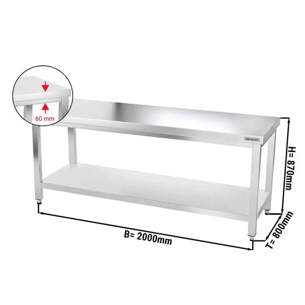 Galleyz Çalışma Tezgahı - Paslanmaz Çelik - PREMIUM - 2000x800mm - Alt Raflı
