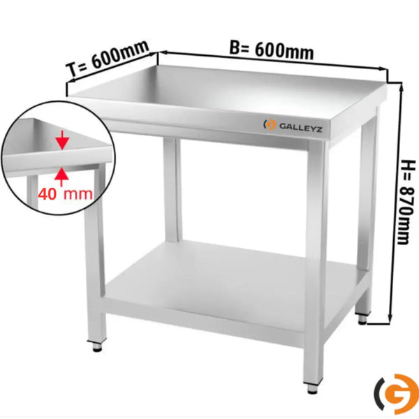 Galleyz Çalışma Tezgahı - Paslanmaz Çelik PREMIUM - 600x600mm - Alt Raflı, Sırtsız