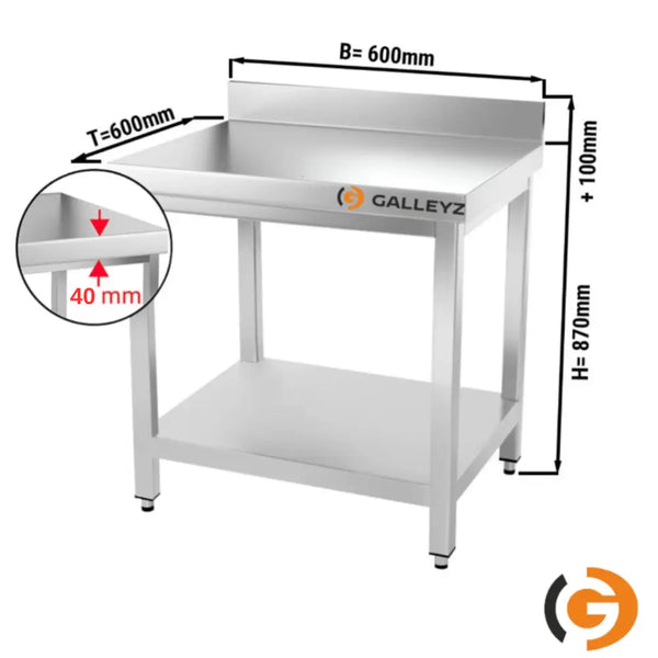 Galleyz Çalışma Tezgahı - Paslanmaz Çelik PREMIUM - 600x600mm - Alt Raflı ve Sırtlı