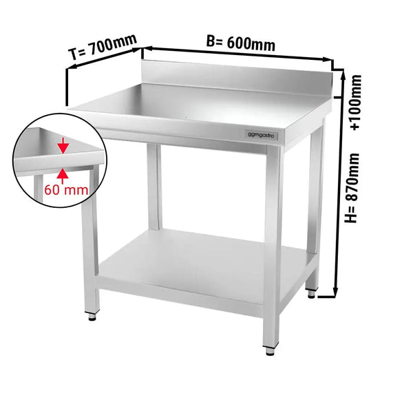 Galleyz Çalışma Tezgahı - Paslanmaz Çelik PREMIUM - 600x700mm - Alt Raflı ve Sırtlı