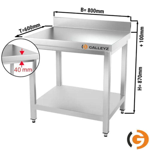 Galleyz Çalışma Tezgahı - Paslanmaz Çelik PREMIUM - 800x600mm - Alt Raflı ve Sırtlı
